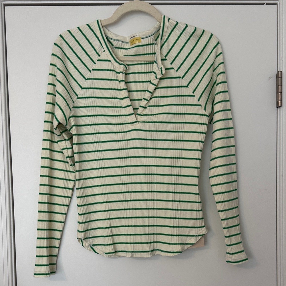 MOTHER Cream and Green Striped Long Sleeve Top